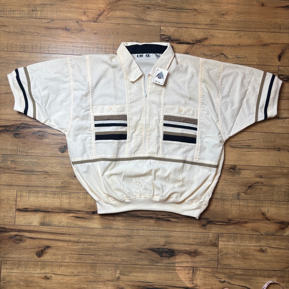 Big Al Lexus Mens 1X Vintage Quarter Zip Polo Shirt Cream Striped Textured NWT